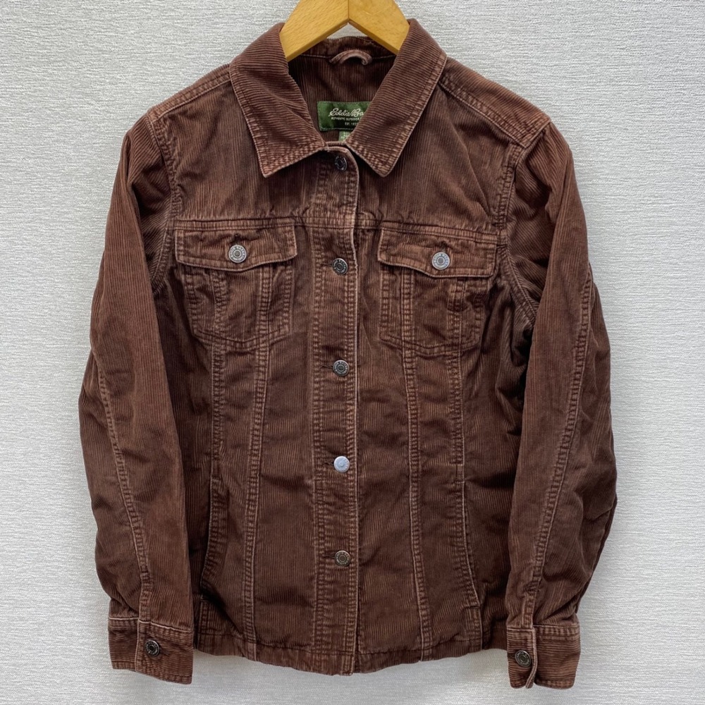 Eddie Bauer Corduroy Jacket Womens M Brown Button Front Trucker Utility Coat - Picture 2 of 11